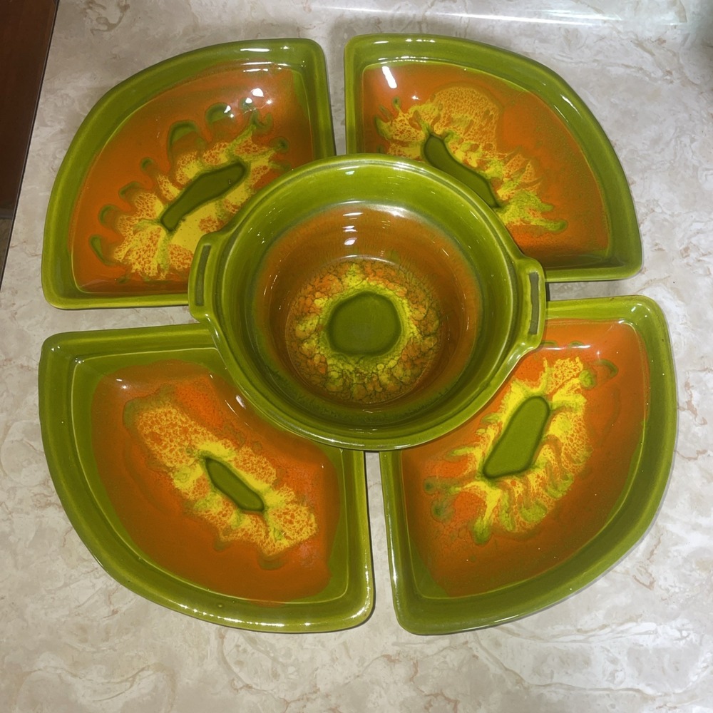 California Pottery 872 5 Pc Serving Set Green Orange‎ Yellow